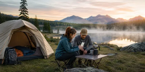 Couple consultant une application de camping sur leur téléphone près d'une tente, au bord d'un lac brumeux en montagne au lever du soleil